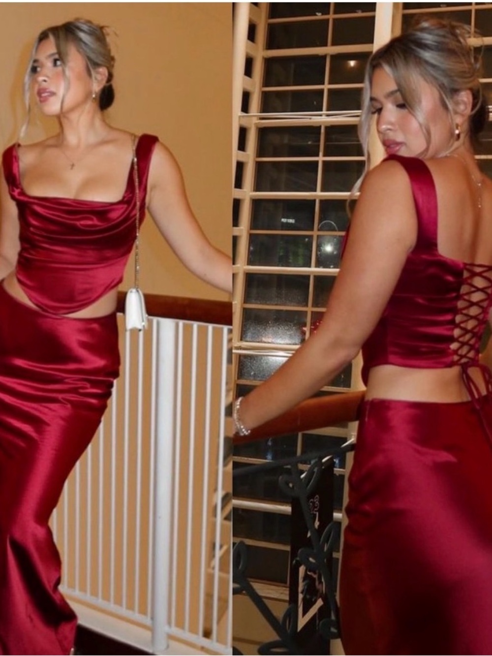 House of CB Una Corset Top Lace-up Dark Red Satin, Size L - Picture 1 of 9